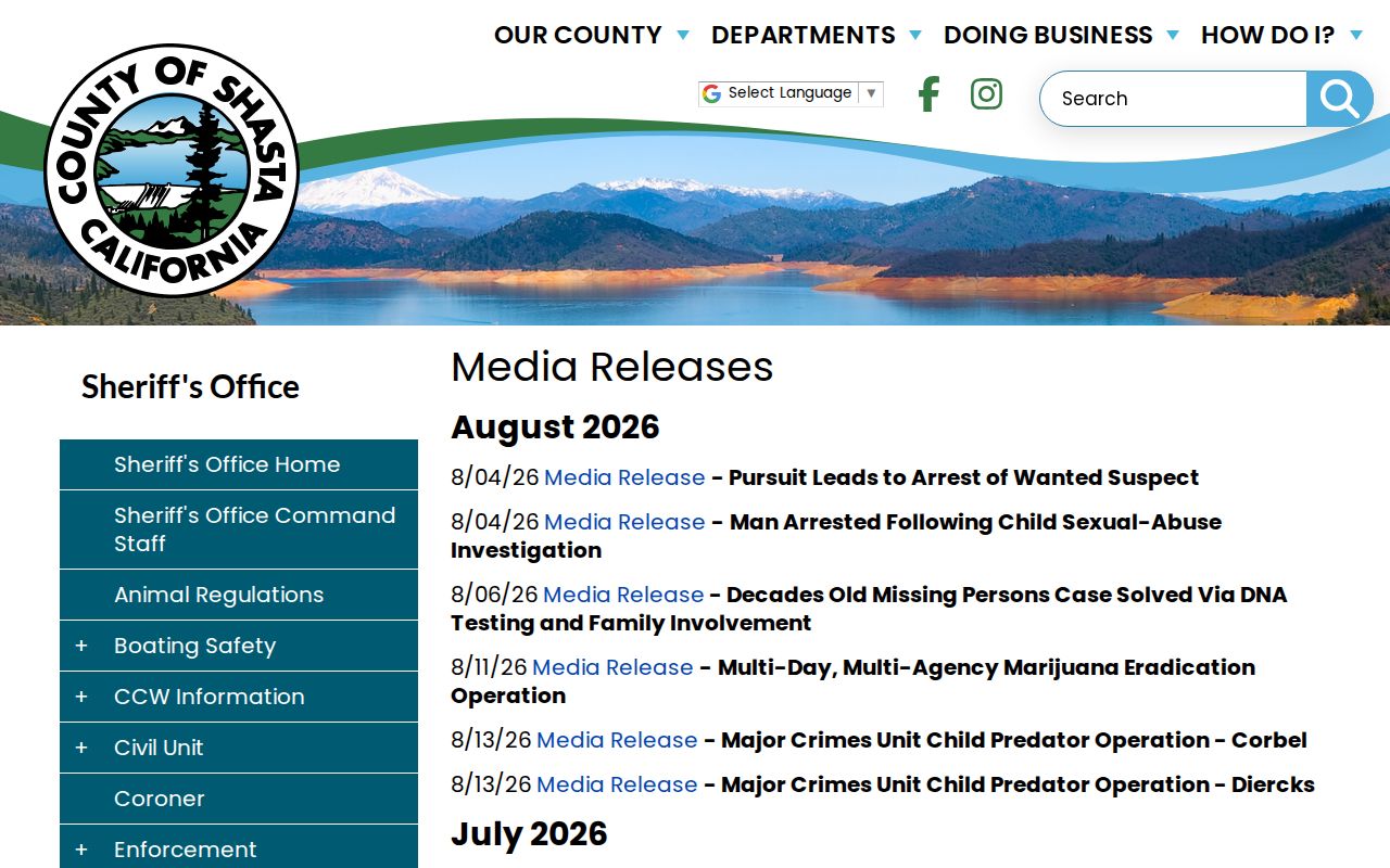 Shasta County Sheriff official crime news and arrest media release archive