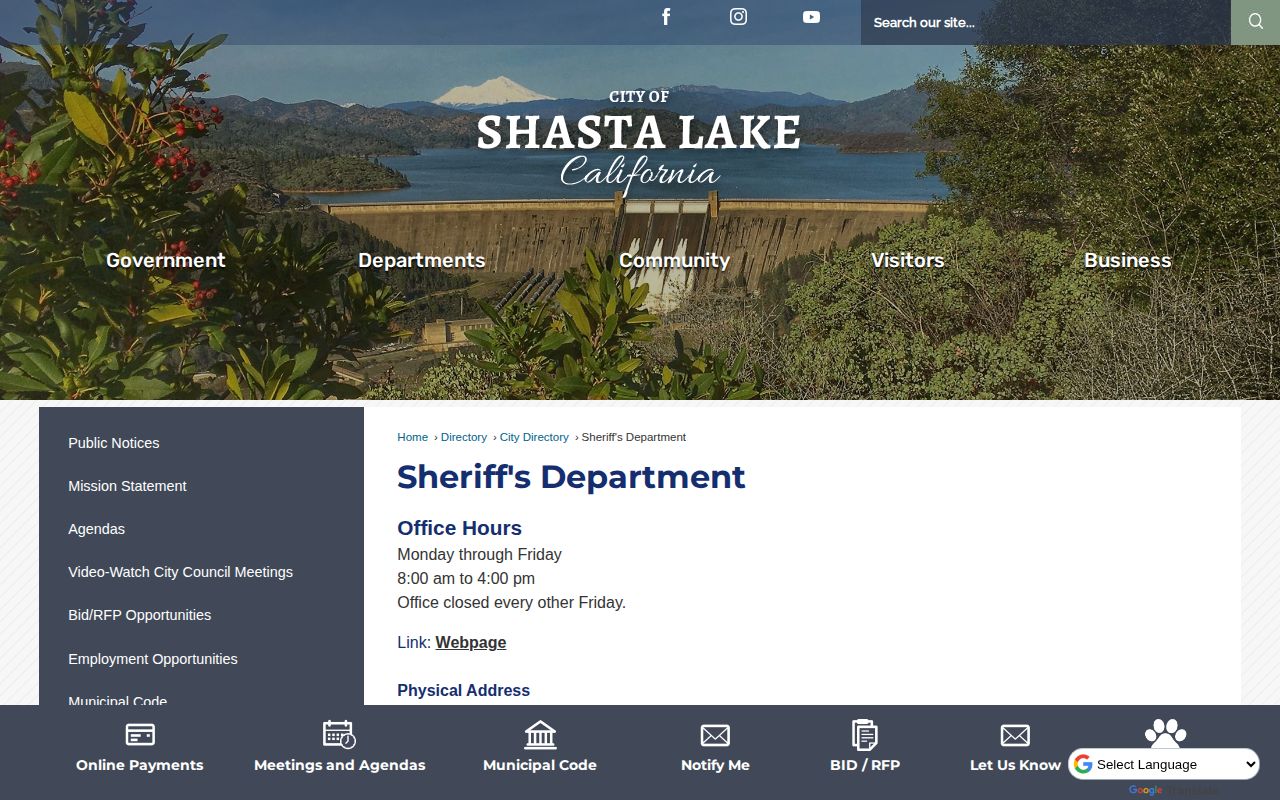 Shasta Lake Sheriff station contact for arrest and booking record requests